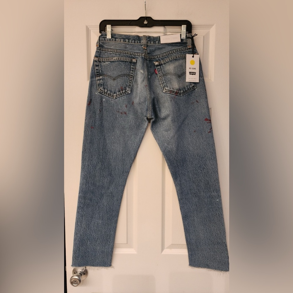 REDONE Blue Relaxed Crop Red Paint Splatter Women’s Cotton Denim Jeans Size 24 - Picture 4 of 15